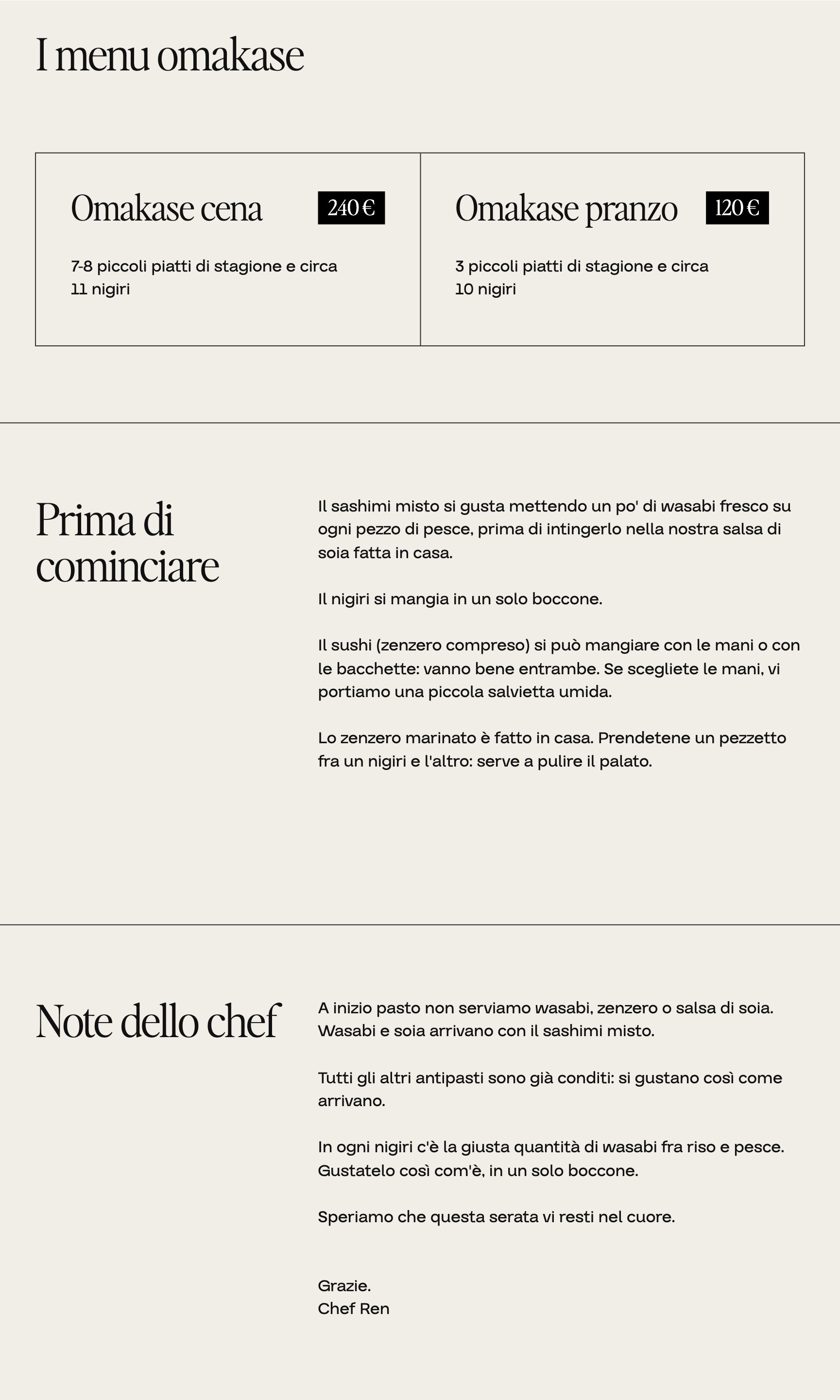 Menu Oboro, retro: omakase pranzo 120 euro, cena 240 euro, note dello chef